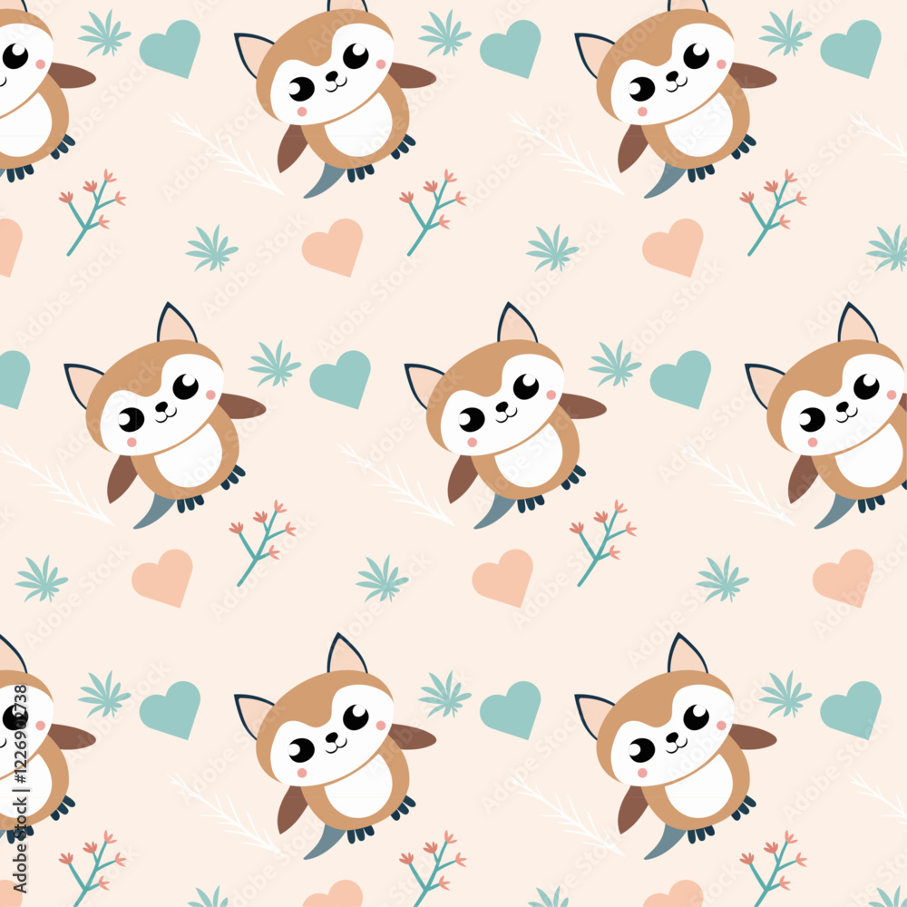 Obraz premium Adorable Cartoon Animal Pattern with Foxes and Hearts on Beige Background. Adorable Seamless Pattern with Cute Foxes, Pastel Hearts, and Flowers for Kids' Products, Wallpapers, and Fabric Designs