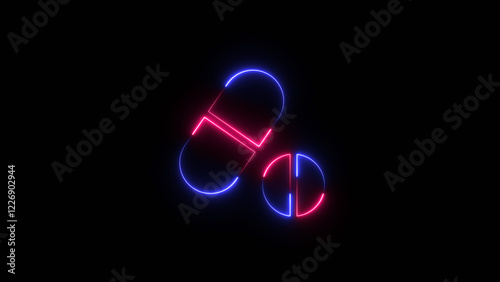 Neon tablet and pill icon on black background.