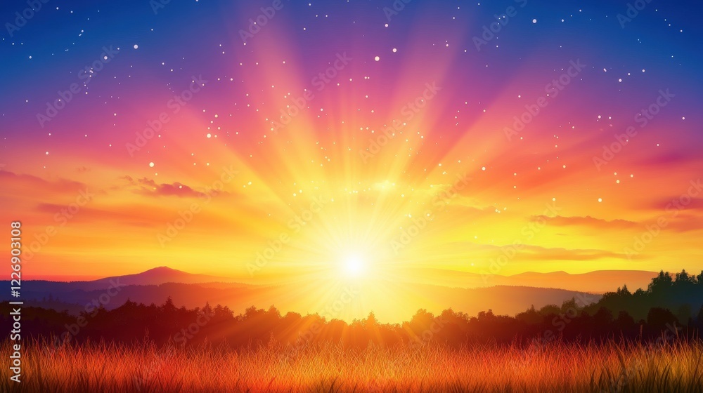 Obraz premium Glowing Sunset with Warm Light Emanating from the Horizon in a Colorful Background