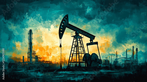 Energy and oil industry flat infographics design with oil field oil pump gear high-voltage tower shovel pick factory tank, truck, barrel and drop