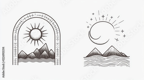 Wallpaper Mural Sun and moon boho icons, vector linear symbols, abstract design elements for decoration in modern minimalist style. Crescent with stars over mountains in arched window, solar over sea waves Torontodigital.ca