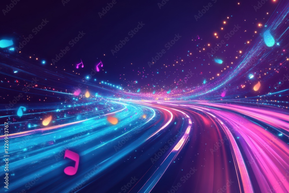 Colorful music highway; abstract light trails, glowing particles; night background; digital art, website header Colorful music highway; abstract light trails, glowing particles; night background; digital art, website header