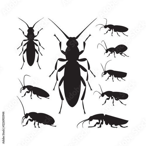 insect silhouette vector images. Perfect for logos, illustrations, posters, and digital artwork, these scalable vector graphics feature a variety of insects, including butterflies, beetles, ants, drag