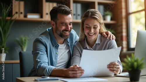 Man and woman are looking at paper while sitting at desk