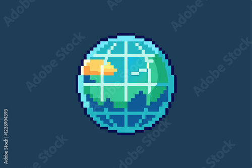 Pixelated globe icon featuring visible continents in retro style for digital projects