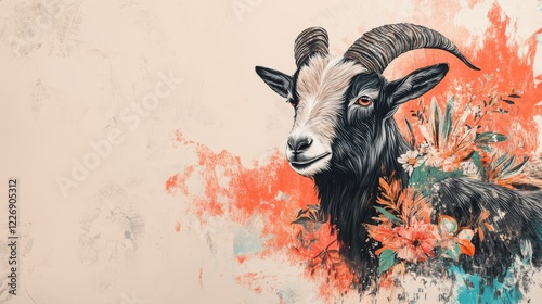 Vibrant artistic goat illustration with floral accents creative art digital artwork abstract style