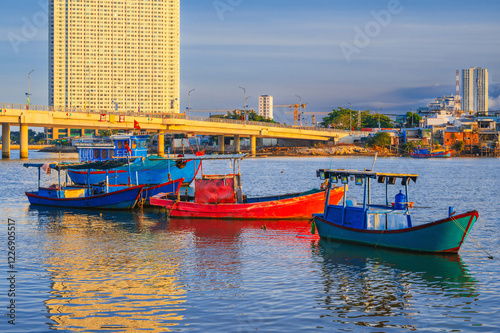 Fishing boats at the port or dock in Nha Trang, Vietnam. photo