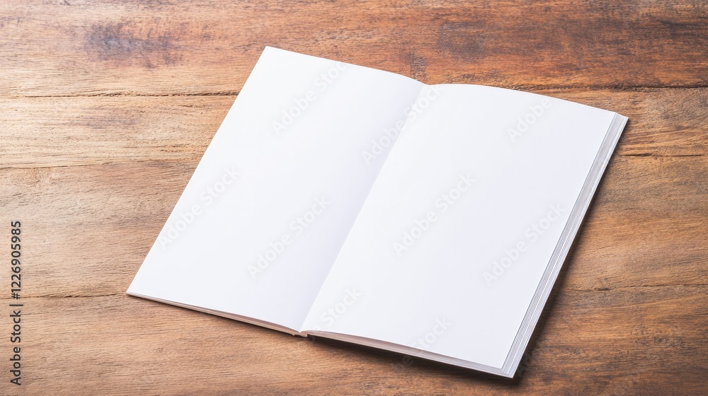 mockup blank white 3d brochure lying fully open on rustic wooden table with warm natural lighting mockup blank white 3d brochure lying fully open on rustic wooden table with warm natural lighting