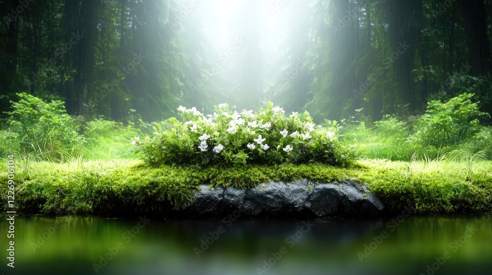 Fototapeta premium Misty forest path, white flowers by tranquil stream, serene nature scene, ideal for relaxation or spirituality themes