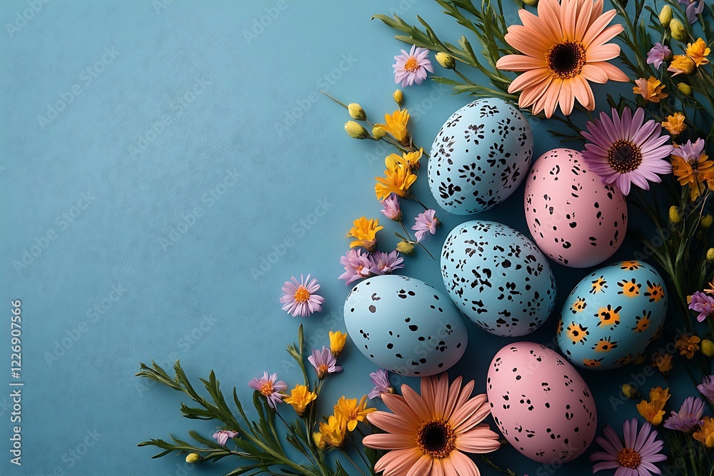 Happy Easter composition for easter design. Elegant Easter eggs and spring flowers on blue background. Flat lay, top view, copy space. Happy Easter composition for easter design. Elegant Easter eggs and spring flowers on blue background. Flat lay, top view, copy space.