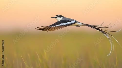 Scissortailed flycatcher soaring elegantly above grassy plain its long tail feathers trailing beautifully under the pastel hues of a serene sunset photo