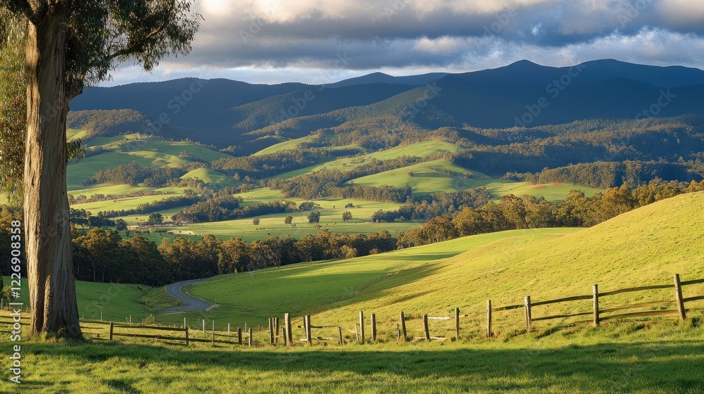 Serene Australian Countryside Landscape: Rolling Hills, Green Pastures, and Distant Mountains