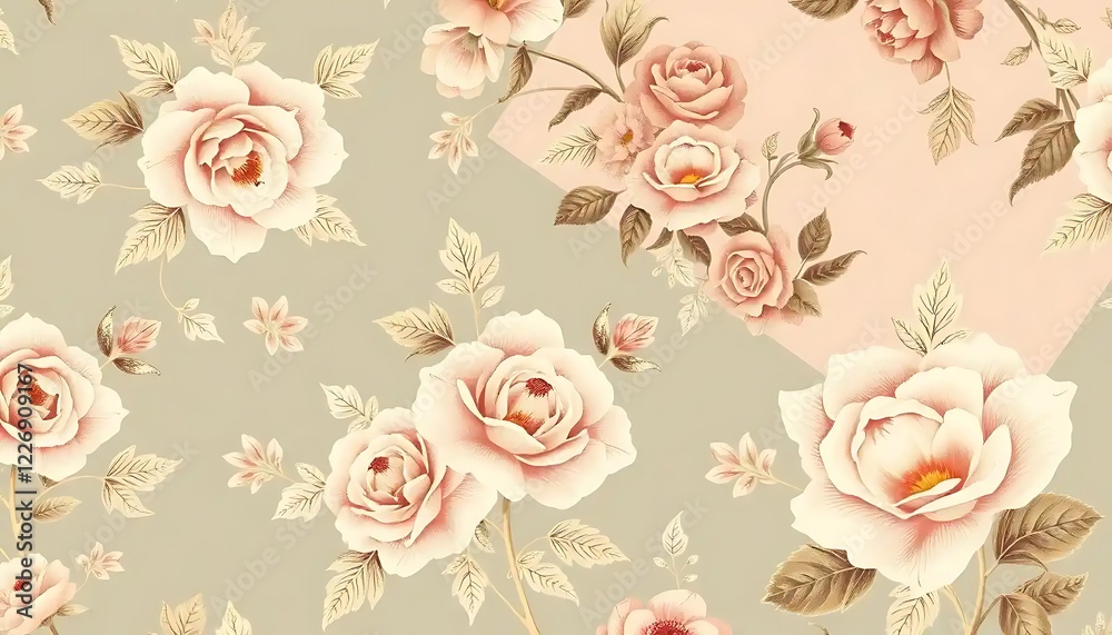 Fototapeta Elegant Pastel Roses and Leaves Floral Pattern Design