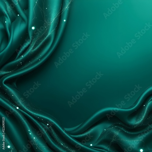 Lujoso fondo de satén de seda verde. Degradado verde azulado oscuro y esmeralda. Detalles brillantes y brillantes. Patrones abstractos de ondas y líneas. Cortinas elegantes. Espacio en blanco para la 