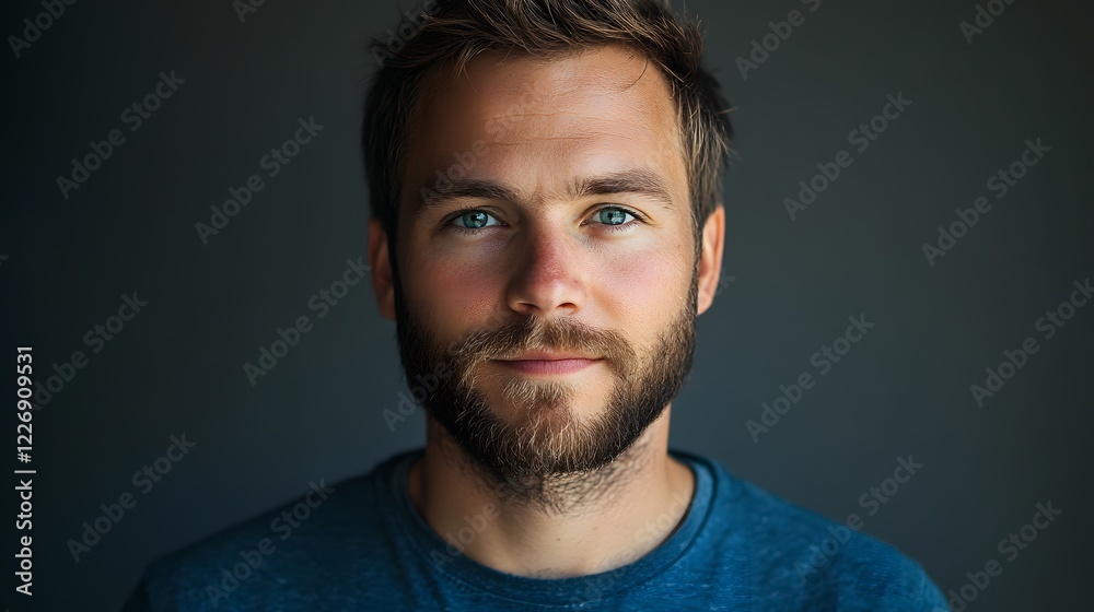 Obraz premium Confident Gaze: A close-up portrait of a young man with a beard and piercing blue eyes, radiating confidence and self-assurance. The soft lighting creates a subtle glow around his features.