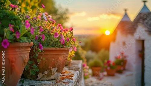 Vasi di fiori nel vicolo tradizionale con case Trulli sullo sfondo al tramonto, Alberobello, Puglia, Italia