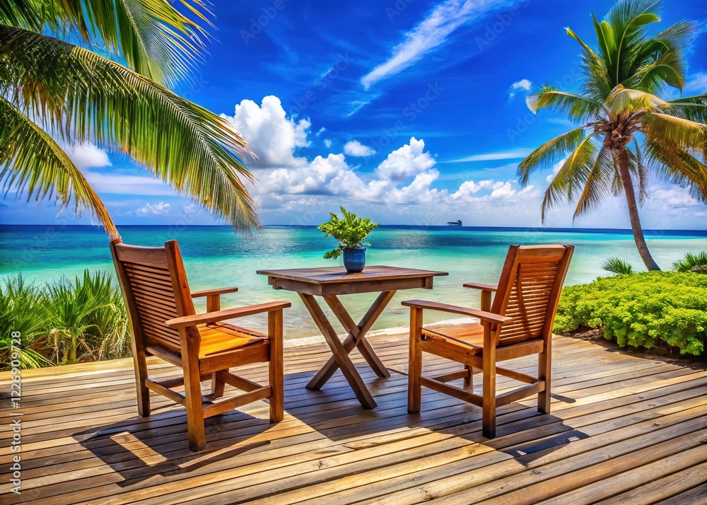 Fototapeta premium Empty Beach Patio Wood Furniture Tropical Scene