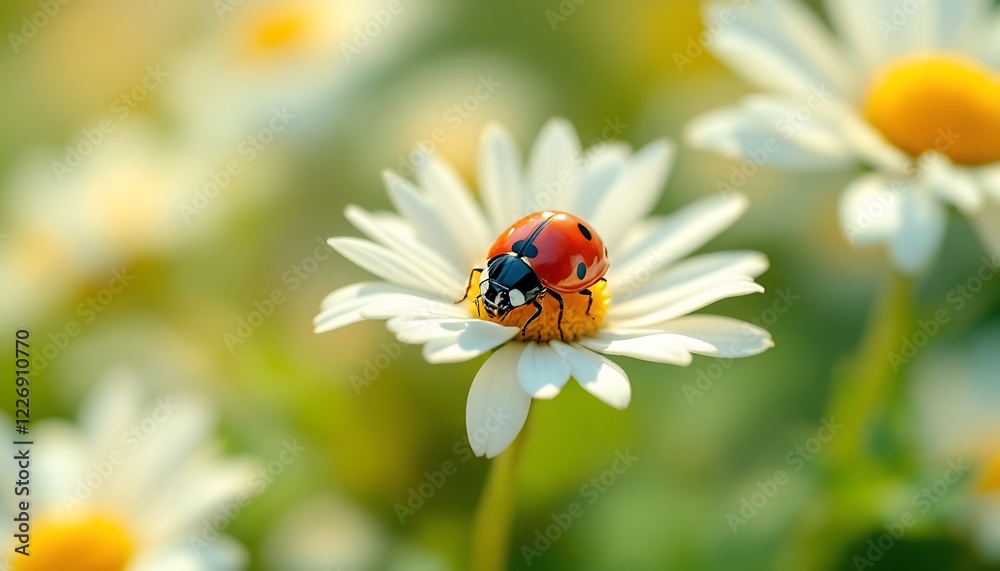 Spot of color ladybug atop a bright white daisy Spot of color ladybug atop a bright white daisy