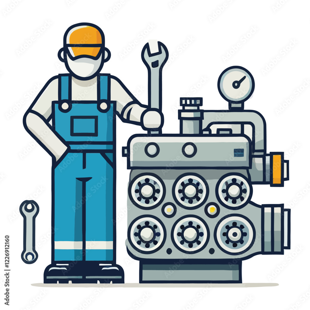 Mechanic with Engine Repair Tools Illustration Mechanic with Engine Repair Tools Illustration