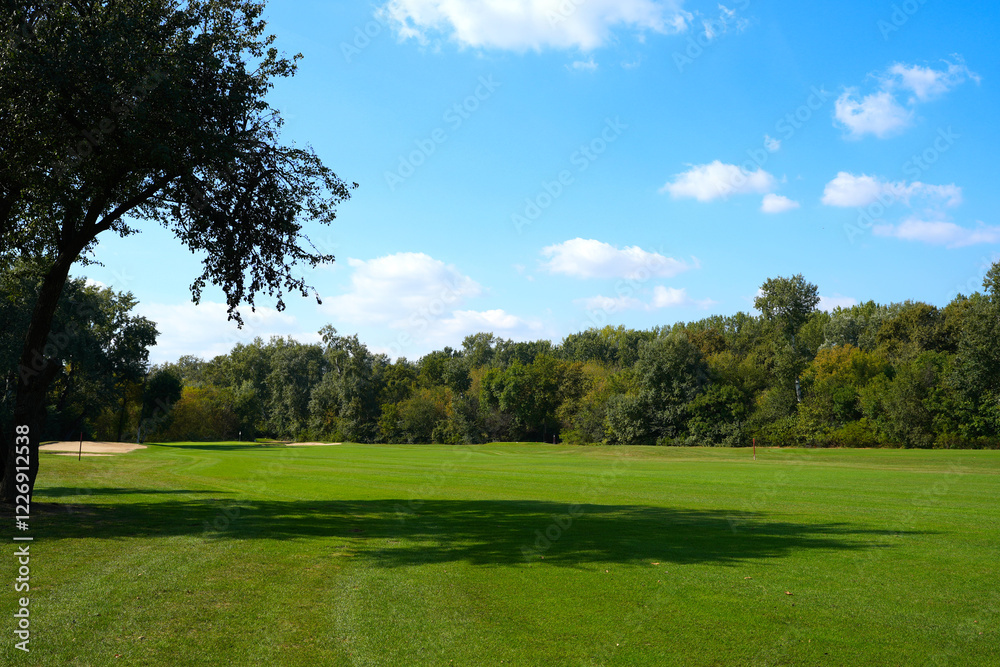 Naklejka premium Landscape background of golf field with green grass and tree Open space