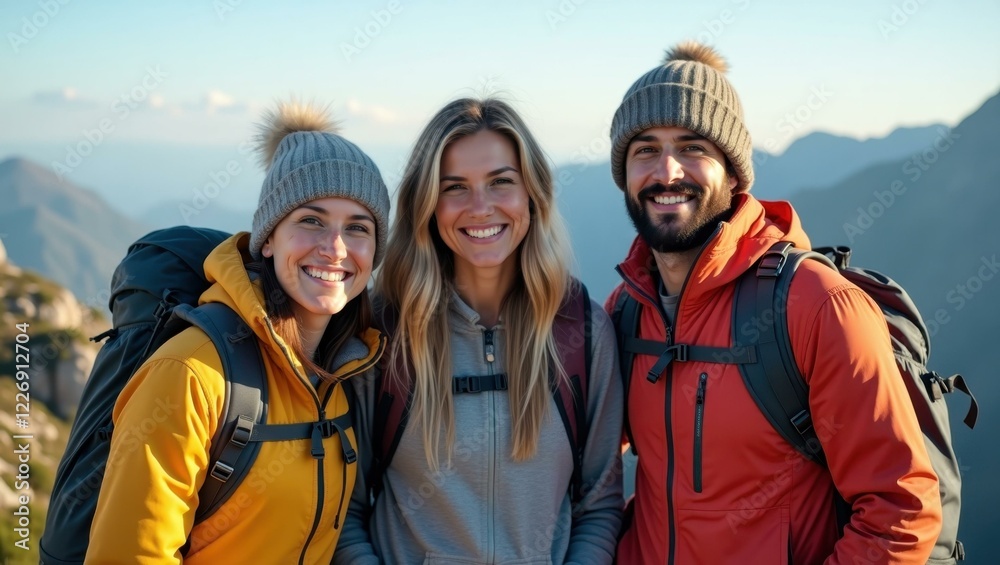 Two women are smiling for camera while standing next to man Two women are smiling for camera while standing next to man