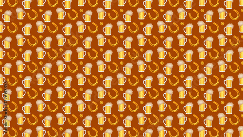 Repeating beer mugs, horseshoes, and coins on a dark background representing a lively and festive theme. Each element is carefully detailed to add a touch of whimsy