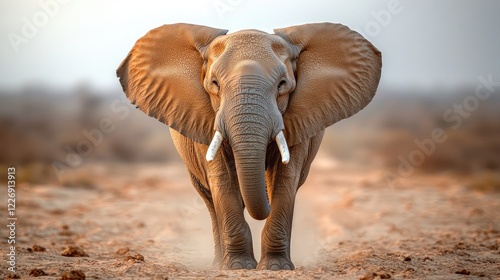 African elephant walking towards camera on dusty path, savanna background; wildlife photography