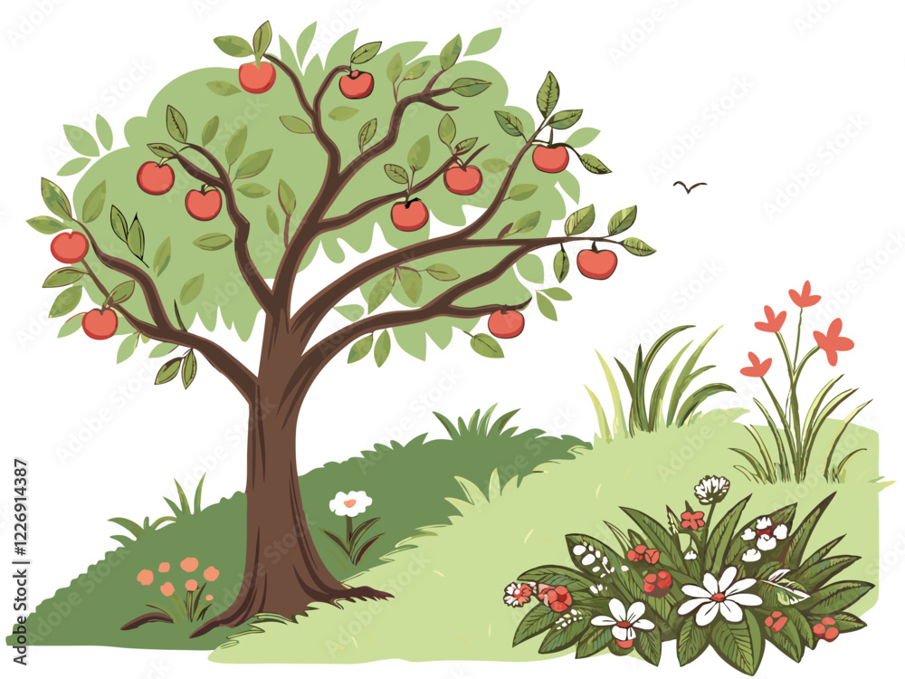 Fototapeta premium Apple tree with red apples and daisies. Vector illustration.