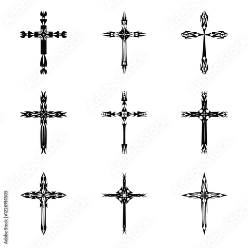 Christian cross vector icon symbols.  Abstract christian religious belief or faith art illustration for orthodox or catholic design. The symbol of the cross in various designs used in tattoo.