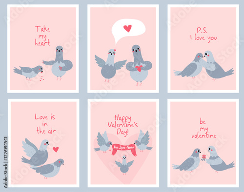Set of flat style Valentine's Day illustrations featuring pigeons with romantic messages, hearts, and playful designs, perfect for greeting cards, love-themed projects, and festive decor.