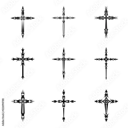 Christian cross vector icon symbols.  Abstract christian religious belief or faith art illustration for orthodox or catholic design. The symbol of the cross in various designs used in tattoo.