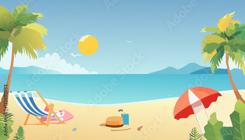 On the sunny beach, you can find two chairs alongside a colorful umbrella waiting for relaxation