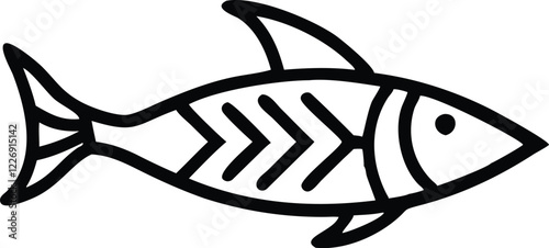 Fish outline, simplified drawing, black and white, minimalist design, stylized fish, cartoon-like, single line art, graphic illustration, aquatic creature, marine life symbol, clean vector style, fish