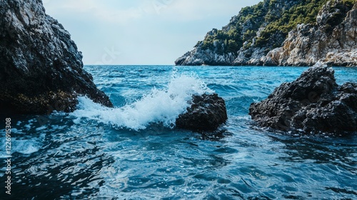 Calm ocean waves embracing rocky shoreline coastal view nature scene serene atmosphere tranquil perspective