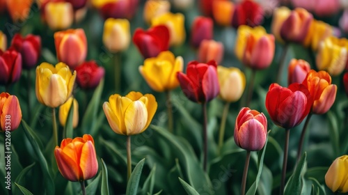 Colorful Tulip Garden in Springtime with Fresh Blossoms and Lush Green Foliage