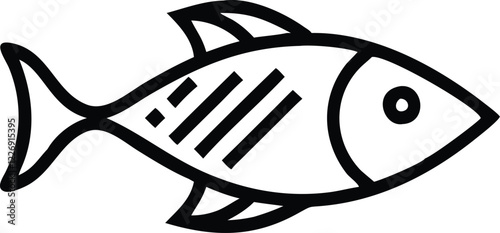 Fish outline, simplified drawing, black and white, minimalist design, stylized fish, cartoon-like, single line art, graphic illustration, aquatic creature, marine life symbol, clean vector style, fish