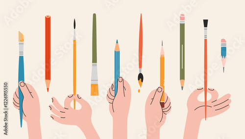 Various hands holding pencils and paintbrushes. Human arms and Gestures with different finger positions. Painting tools and Art supplies. Modern vector isolated illustration, hand drawn, flat design