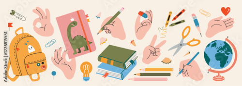 Hands gestures and school stationery set. Human arms holding educational supplies, showing peace and OK sign, writing with pencil or pen. Trendy modern vector illustration, hand drawn, flat design