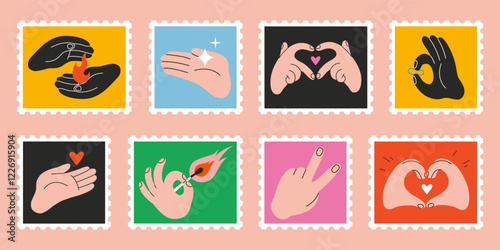 Bright Set of cute hand-drawn post stamps with Hands gestures. Gesturing human arms making Heart shape, showing peace sign, hold star, fire and match. Trendy modern vector illustarations, flat design