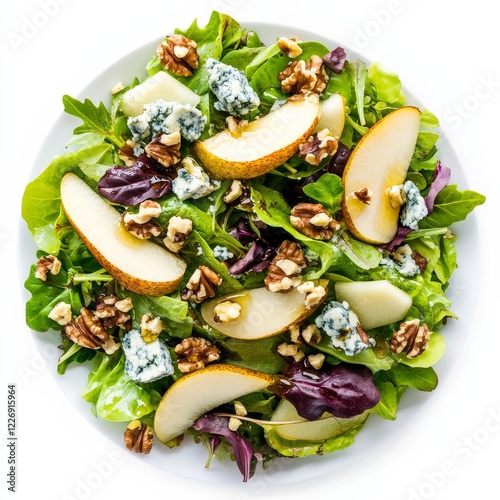 A crisp pear walnut blue cheese salad with mixed greens and a honey vinaigrette, isolated white background, photorealistic art style