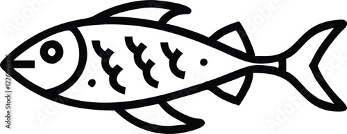 Fish outline, simplified drawing, black and white, minimalist design, stylized fish, cartoon-like, single line art, graphic illustration, aquatic creature, marine life symbol, clean vector style, fish