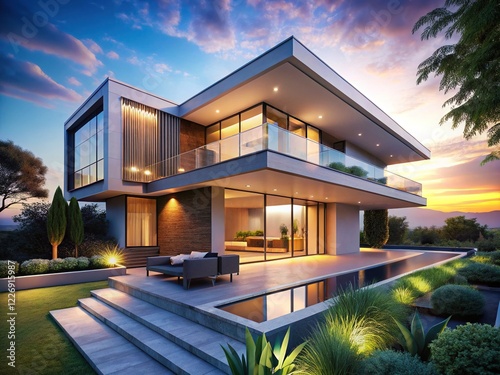 Modern villa with panoramic views, minimalist design, luxurious exterior.