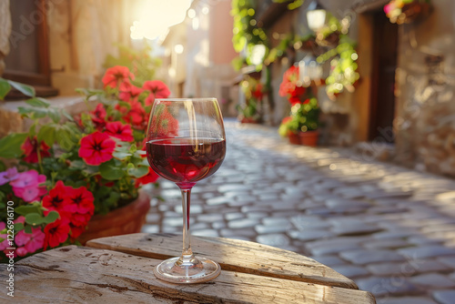 Un calice di vino rosso su un piccolo tavolo di legno fuori da un ristorante in un caratteristico vicolo italiano photo