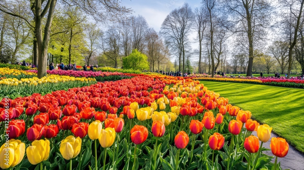 Vibrant Spring Garden with Colorful Tulips and Lush Green Landscape Vibrant Spring Garden with Colorful Tulips and Lush Green Landscape