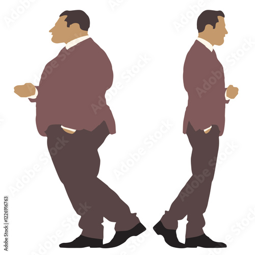 Conceptual fat overweight obese man vs slim fit healthy body after weight loss or diet, white background. A  fitness, nutrition or obesity, health care shape illustration vector as silhouettes