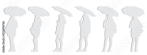 Vector concept conceptual gray paper cut silhouette of a woman holding an umbrella from different perspectives isolated on white background. A metaphor for protection, season, nature and urban life