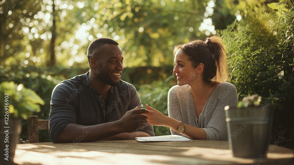 Couple planning purchases in sunny outdoor setting. Couple planning purchases in sunny outdoor setting.