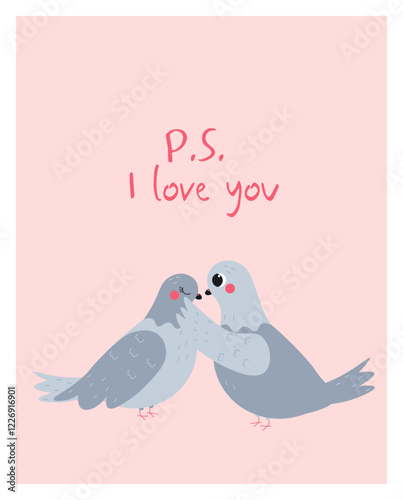 Flat-style illustration of two pigeons showing affection with the message "P.S. I love you." Perfect for Valentine's Day cards, love-themed designs, and romantic greetings.
