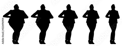 Conceptual fat overweight obese female vs slim fit healthy body after weight loss or diet on white background banner. A  fitness, nutrition or obesity, health shape illustration vector as silhouettes