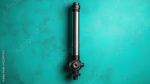 A polished industrial roller against a vibrant turquoise background, dynamic and clean.